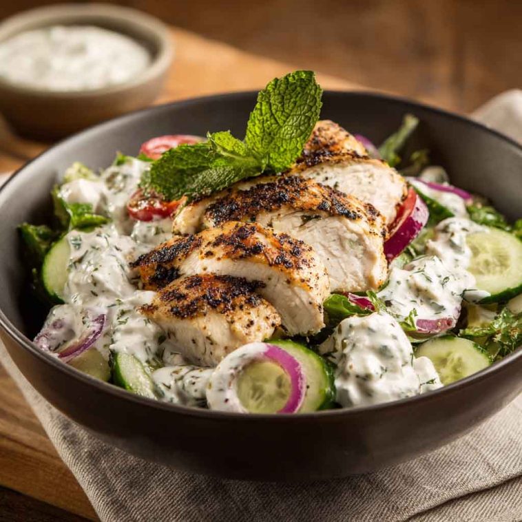 A bowl of tzatziki chicken salad with grilled chicken, cucumber, tomatoes, red onion, and a creamy yogurt-dill dressing.