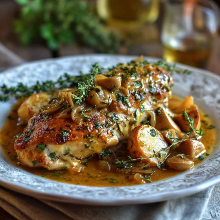 Chicken Normandy with golden chicken thighs in apple cider cream sauce, garnished with sautéed apples and herbs.