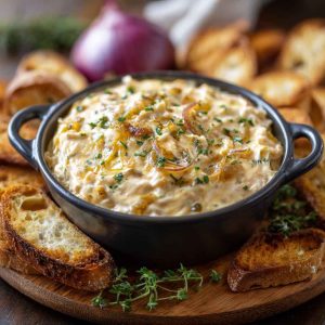 A bubbling dish of smoked gouda and onion dip with golden edges, topped with caramelized onions and served with toasted baguette slices.