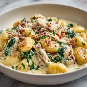 Creamy crack chicken gnocchi in a skillet, topped with melted cheese, crispy bacon, and fresh herbs.