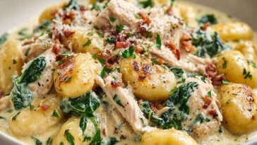 Creamy crack chicken gnocchi in a skillet, topped with melted cheese, crispy bacon, and fresh herbs.