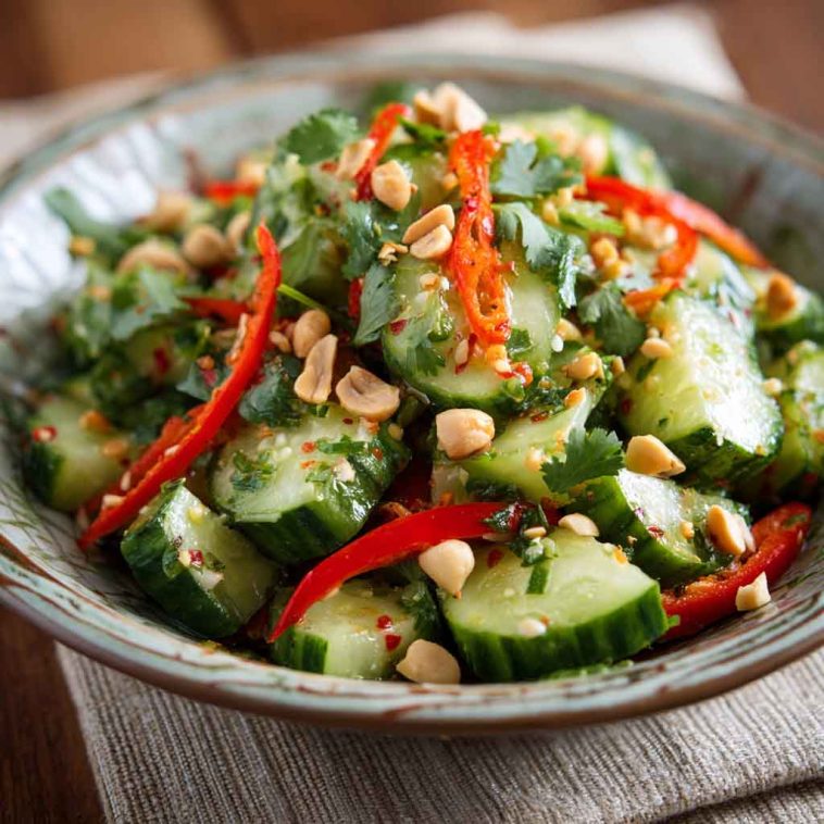 A vibrant bowl of spicy peanut cucumber salad with sliced cucumbers, chopped peanuts, chili flakes, and fresh cilantro.