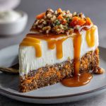 Layered carrot cake cheesecake topped with smooth cream cheese frosting and garnished with chopped walnuts and cinnamon.