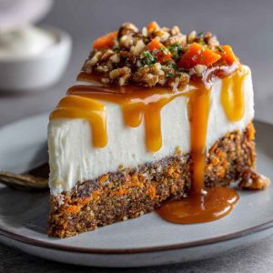 Layered carrot cake cheesecake topped with smooth cream cheese frosting and garnished with chopped walnuts and cinnamon.