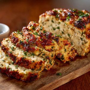 Chicken meatloaf with garlic parmesan flavor, sliced and served with fresh herbs on a rustic cutting board, golden crust and juicy interior visible.