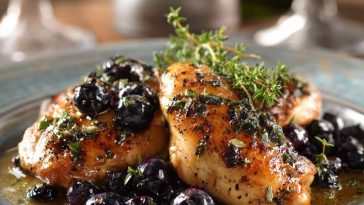 Seared chicken breasts glazed with blueberry thyme sauce, garnished with fresh thyme sprigs and served with roasted vegetables.