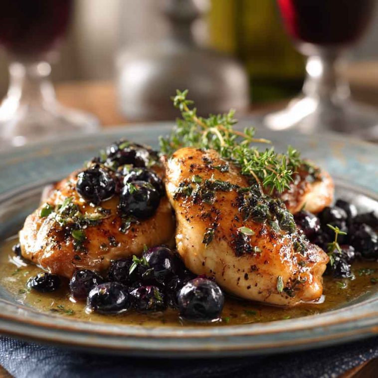 Seared chicken breasts glazed with blueberry thyme sauce, garnished with fresh thyme sprigs and served with roasted vegetables.