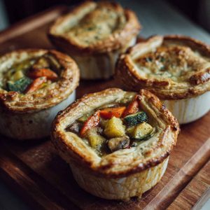 Mini pot pies filled with roasted autumn vegetables like squash, carrots, and mushrooms, topped with golden flaky pastry and fresh thyme.