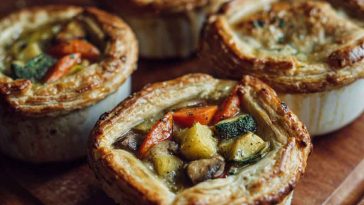 Mini pot pies filled with roasted autumn vegetables like squash, carrots, and mushrooms, topped with golden flaky pastry and fresh thyme.