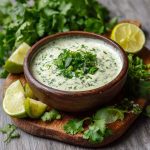 Creamy green cilantro jalapeño sauce in a bowl, garnished with lime wedges and fresh herbs.