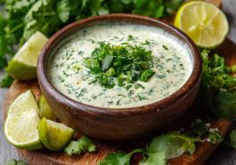 Creamy green cilantro jalapeño sauce in a bowl, garnished with lime wedges and fresh herbs.