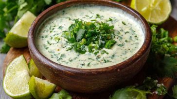 Creamy green cilantro jalapeño sauce in a bowl, garnished with lime wedges and fresh herbs.
