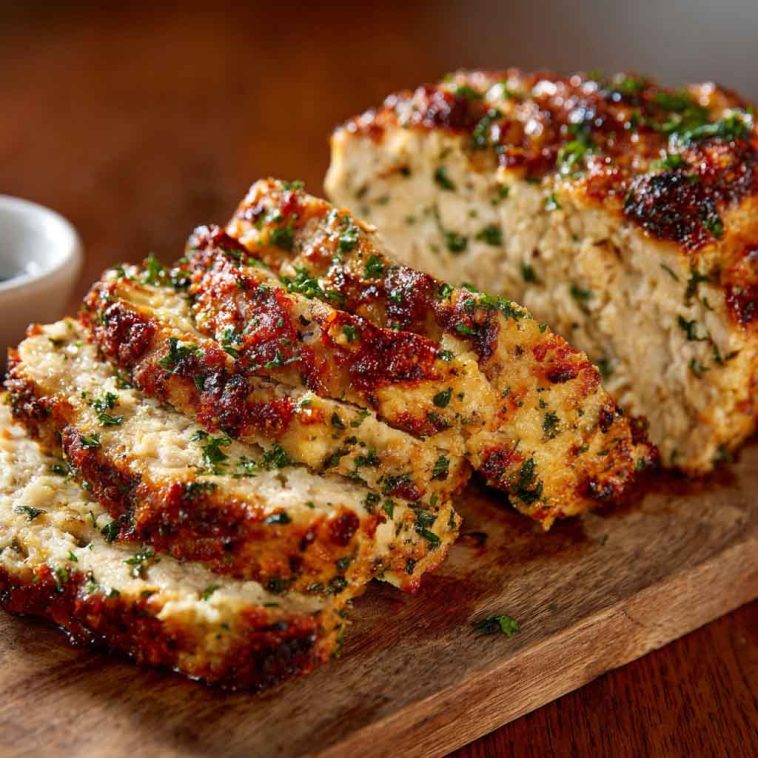 Chicken meatloaf with garlic parmesan flavor, sliced and served with fresh herbs on a rustic cutting board, golden crust and juicy interior visible.