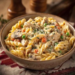A creamy bowl of chicken pot pie pasta filled with tender rotini, shredded chicken, peas, carrots, and a rich, savory sauce, garnished with fresh parsley.