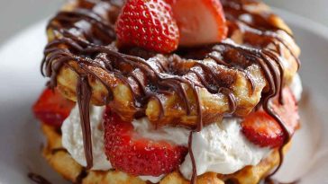 Golden donut-shaped chaffles dusted with cinnamon and served with a sugar-free glaze on a plate.