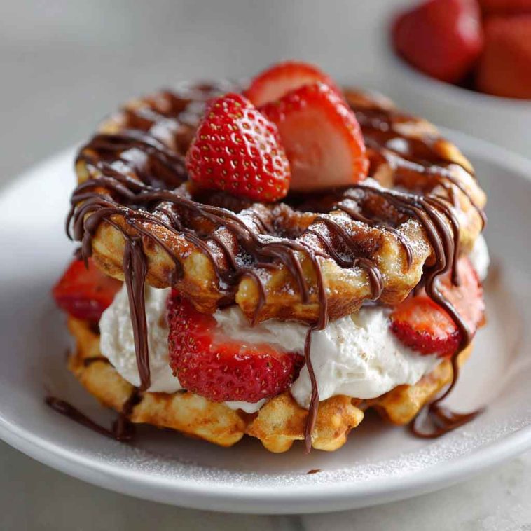 Golden donut-shaped chaffles dusted with cinnamon and served with a sugar-free glaze on a plate.