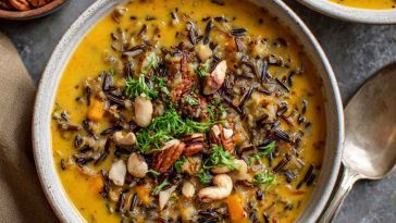 Bowl of creamy pumpkin wild rice soup garnished with herbs and served with crusty bread.