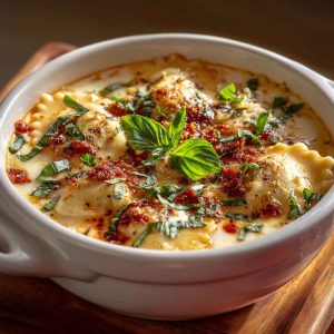 Baked ravioli soup in a casserole dish with melted cheese, herbs, and a tomato-based broth.