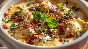 Baked ravioli soup in a casserole dish with melted cheese, herbs, and a tomato-based broth.