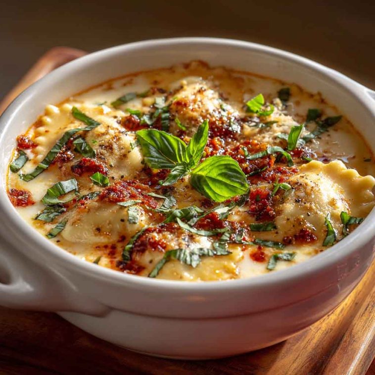 Baked ravioli soup in a casserole dish with melted cheese, herbs, and a tomato-based broth.