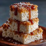 A batch of coconut rice krispy treats cut into squares, topped with toasted coconut flakes and drizzled with white chocolate, arranged on a parchment-lined tray.