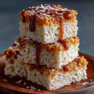 A batch of coconut rice krispy treats cut into squares, topped with toasted coconut flakes and drizzled with white chocolate, arranged on a parchment-lined tray.