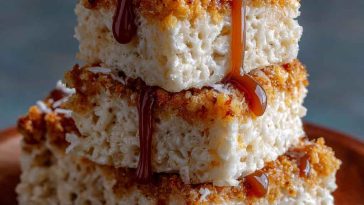 A batch of coconut rice krispy treats cut into squares, topped with toasted coconut flakes and drizzled with white chocolate, arranged on a parchment-lined tray.