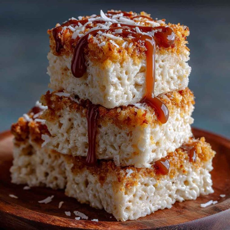 A batch of coconut rice krispy treats cut into squares, topped with toasted coconut flakes and drizzled with white chocolate, arranged on a parchment-lined tray.