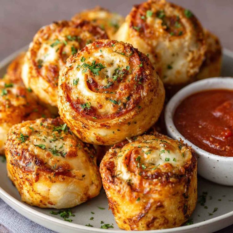 Golden crispy pizza rolls fresh from the air fryer, served with marinara dipping sauce on a white plate.