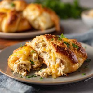 Golden-baked crescent rolls stuffed with creamy shredded chicken and melted cheese, served on a white plate with a sprinkle of parsley.