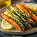 A baking sheet of roasted asparagus and carrots, glistening with olive oil and herbs, garnished with lemon zest and fresh parsley.