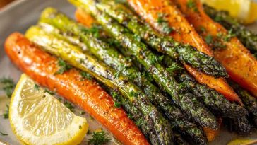 A baking sheet of roasted asparagus and carrots, glistening with olive oil and herbs, garnished with lemon zest and fresh parsley.