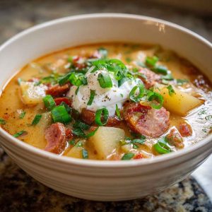 A steaming bowl of kielbasa potato soup filled with sliced sausage, tender potatoes, carrots, and herbs in a creamy broth, garnished with parsley.