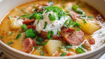 A steaming bowl of kielbasa potato soup filled with sliced sausage, tender potatoes, carrots, and herbs in a creamy broth, garnished with parsley.