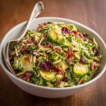 A vibrant chopped salad with shaved Brussels sprouts, cherry tomatoes, salami, mozzarella, olives, and Italian dressing, served in a rustic bowl.