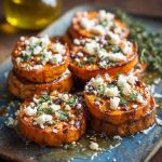 Golden roasted sweet potato rounds topped with crumbled feta, a drizzle of honey, and fresh thyme on a serving platter.