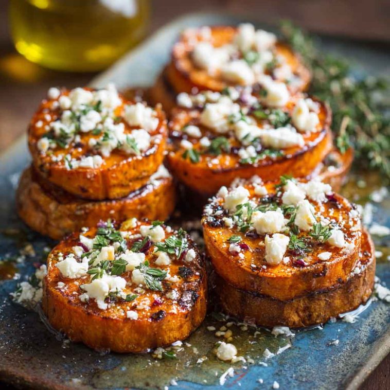 Golden roasted sweet potato rounds topped with crumbled feta, a drizzle of honey, and fresh thyme on a serving platter.