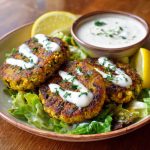 Golden chickpea patties with lemon zest served with creamy yogurt sauce and fresh herbs on a plate.