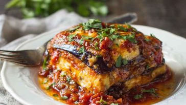 A slice of eggplant lasagna layered with roasted eggplant, marinara sauce, melted mozzarella, and fresh basil on a rustic plate.