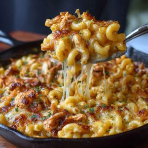 Creamy mac and cheese topped with smoky BBQ chicken, melted cheddar, and fresh herbs in a cast iron skillet.