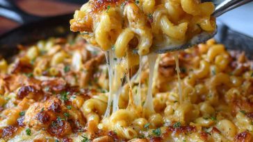 Creamy mac and cheese topped with smoky BBQ chicken, melted cheddar, and fresh herbs in a cast iron skillet.