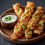Golden puff pastry twists filled with spicy jalapeño cream cheese, crispy bacon, and melted cheddar, served on a party platter.