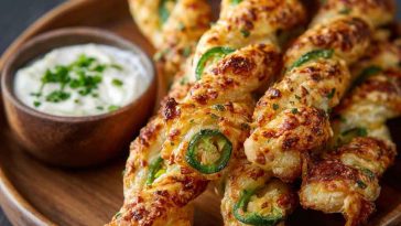 Golden puff pastry twists filled with spicy jalapeño cream cheese, crispy bacon, and melted cheddar, served on a party platter.