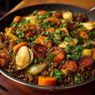 Herbed lentil rice with roasted veggies, featuring fluffy rice, tender lentils, and colorful roasted vegetables like carrots, zucchini, and bell peppers, garnished with fresh herbs and served in a bowl.