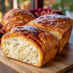 Golden croissant bread loaf with flaky layers and a glossy, buttery crust, sliced to reveal airy texture inside.