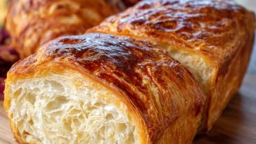 Golden croissant bread loaf with flaky layers and a glossy, buttery crust, sliced to reveal airy texture inside.