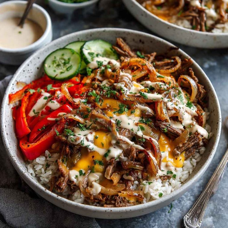 Deconstructed Philly cheesesteak bowl with sliced steak, sautéed peppers and onions, melted provolone, and roasted potatoes served in a rustic bowl.