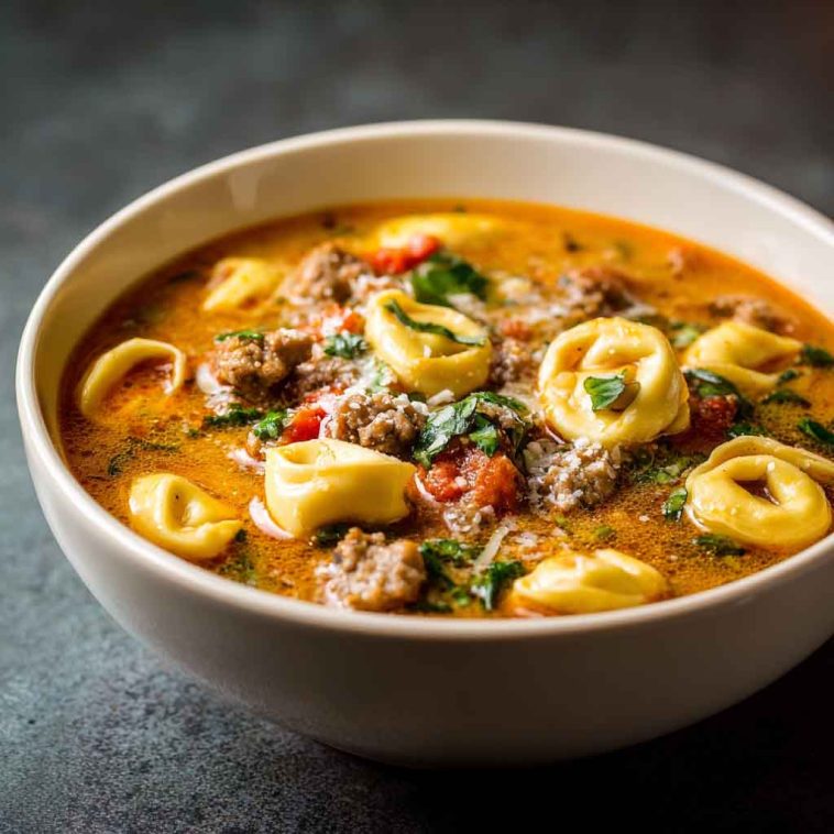 A steaming bowl of sausage and tortellini soup filled with cheesy pasta, crumbled sausage, spinach, and a creamy tomato broth, served with a slice of rustic bread.