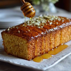 A golden slice of Greek honey cake topped with crushed walnuts and a drizzle of honey, served on a rustic ceramic plate with a sprig of thyme.