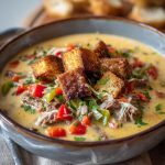 Creamy Philly cheesesteak soup topped with melted provolone, sautéed peppers, and thinly sliced beef in a rustic bowl.